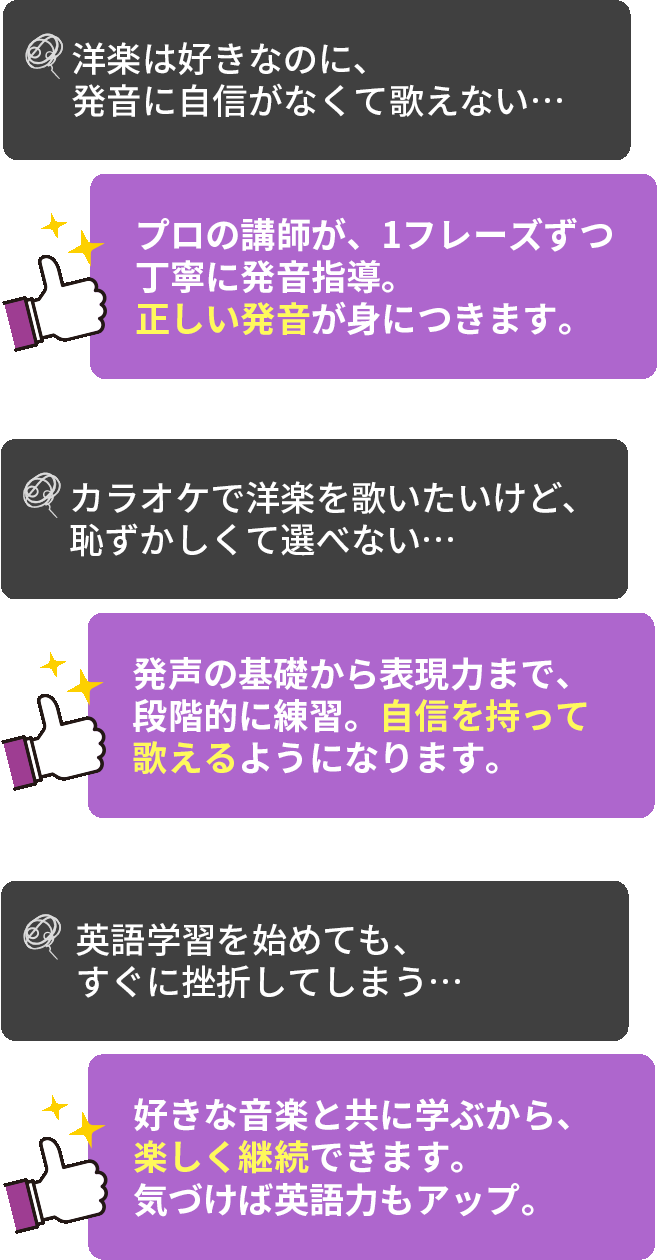 ✓ 「洋楽は好きなのに、発音に自信がなくて歌えない…」 → プロの講師が、1フレーズずつ丁寧に発音指導。正しい発音が身につきます。 ✓ 「カラオケで洋楽を歌いたいけど、恥ずかしくて選べない…」 → 発声の基礎から表現力まで、段階的に練習。自信を持って歌えるようになります。 ✓ 「英語学習を始めても、すぐに挫折してしまう…」 → 好きな音楽と共に学ぶから、楽しく継続できます。気づけば英語力もアップ。