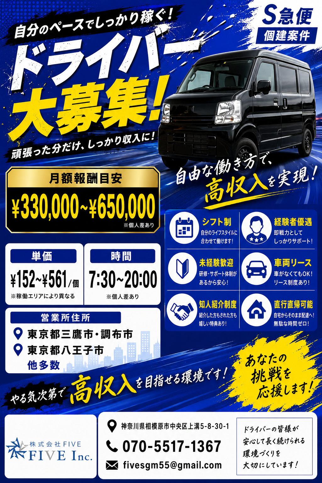 佐川急便宅配　佐川急便軽貨物　三鷹軽貨物　調布軽貨物　八王子軽貨物　相模原軽貨物　株式会社FIVE    高収入求人　業務委託求人　ワークライフバランス