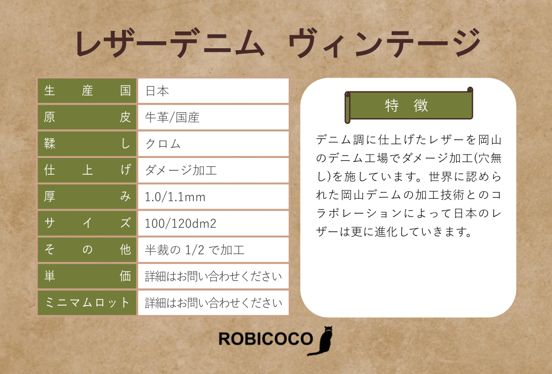 レザーデニム　岡山デニム　ダメージ加工　株式会社ロビココ　本革