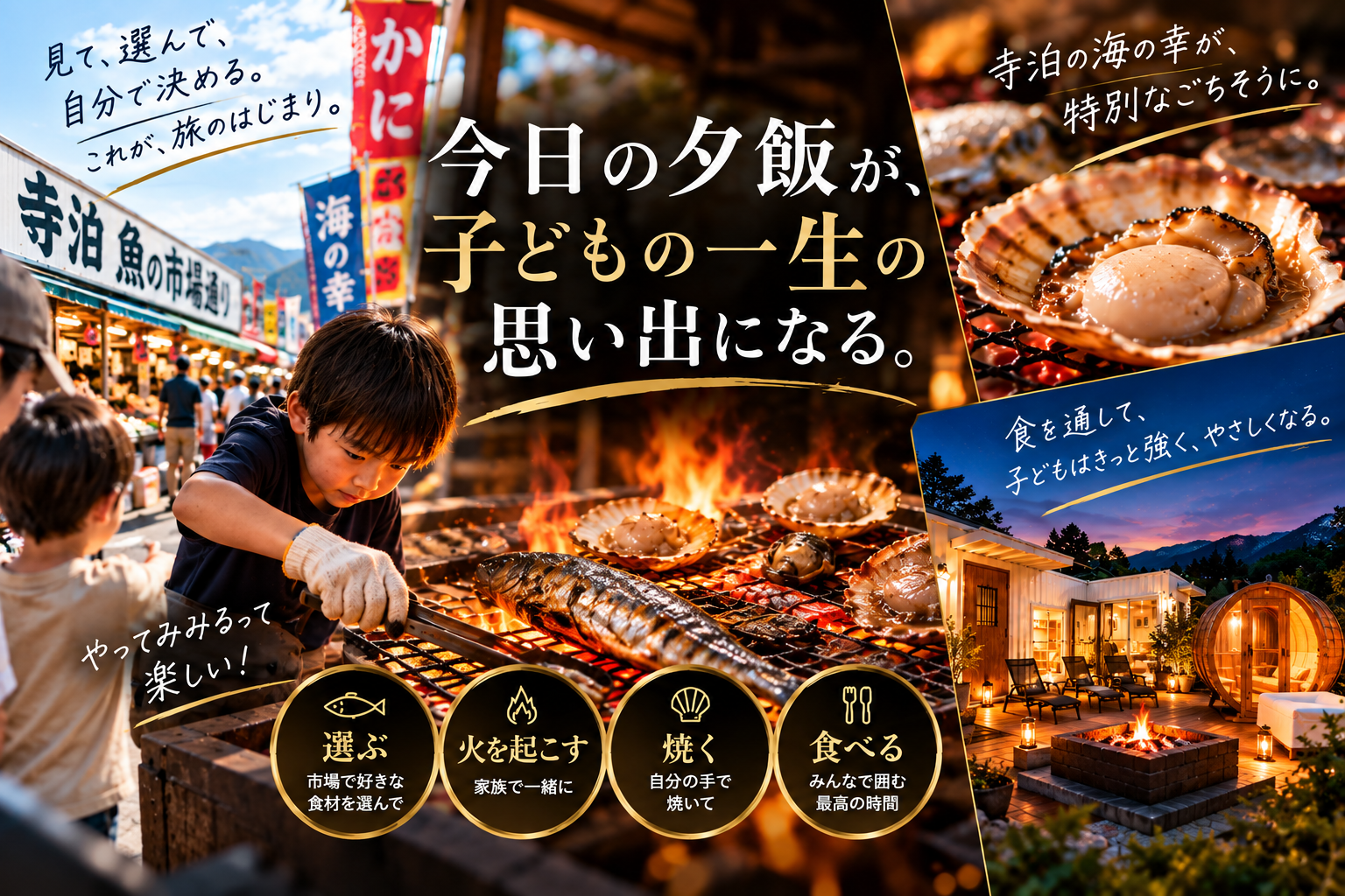 寺泊の市場で食材を選び、家族で焼いて味わう、子どもの浜焼き体験を紹介するイメージ。