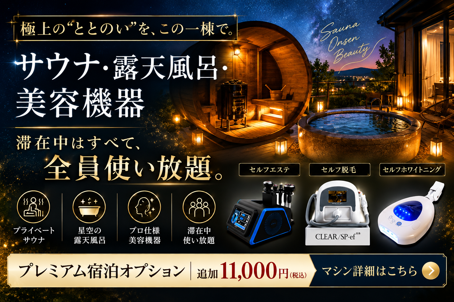 セルフエステ・セルフ脱毛・セルフホワイトニングの美容機器を、滞在中みんなで利用できる追加11,000円のオプション案内。