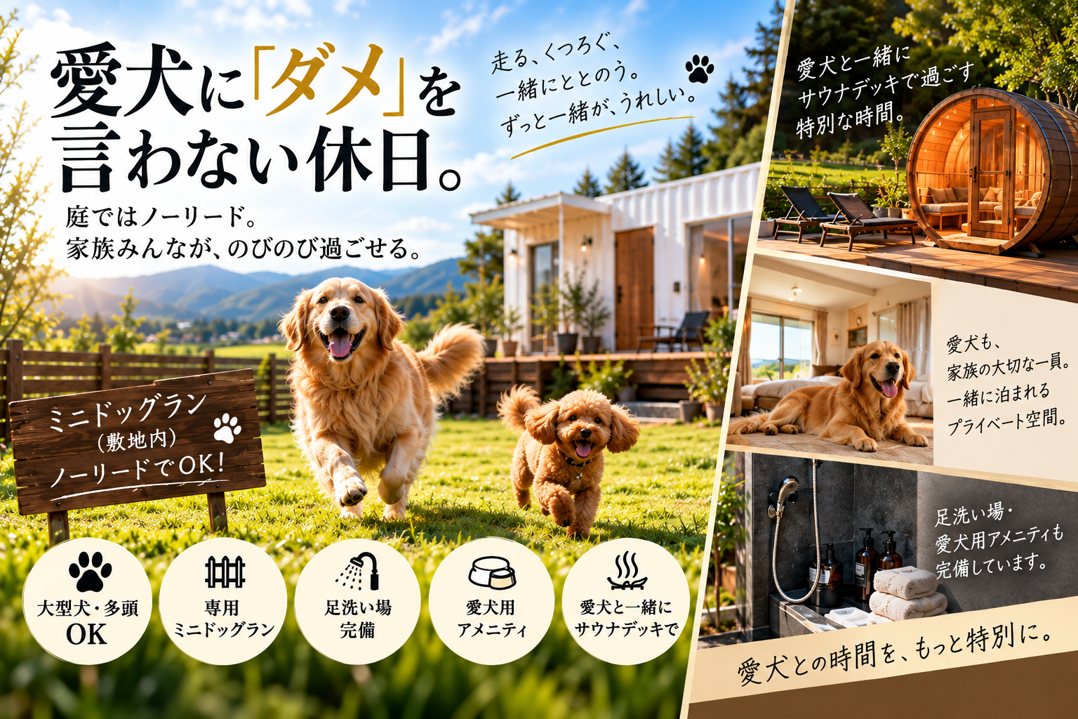 大型犬・多頭連れも歓迎するVUE。ミニドッグランや愛犬との過ごし方を紹介する宿泊案内。