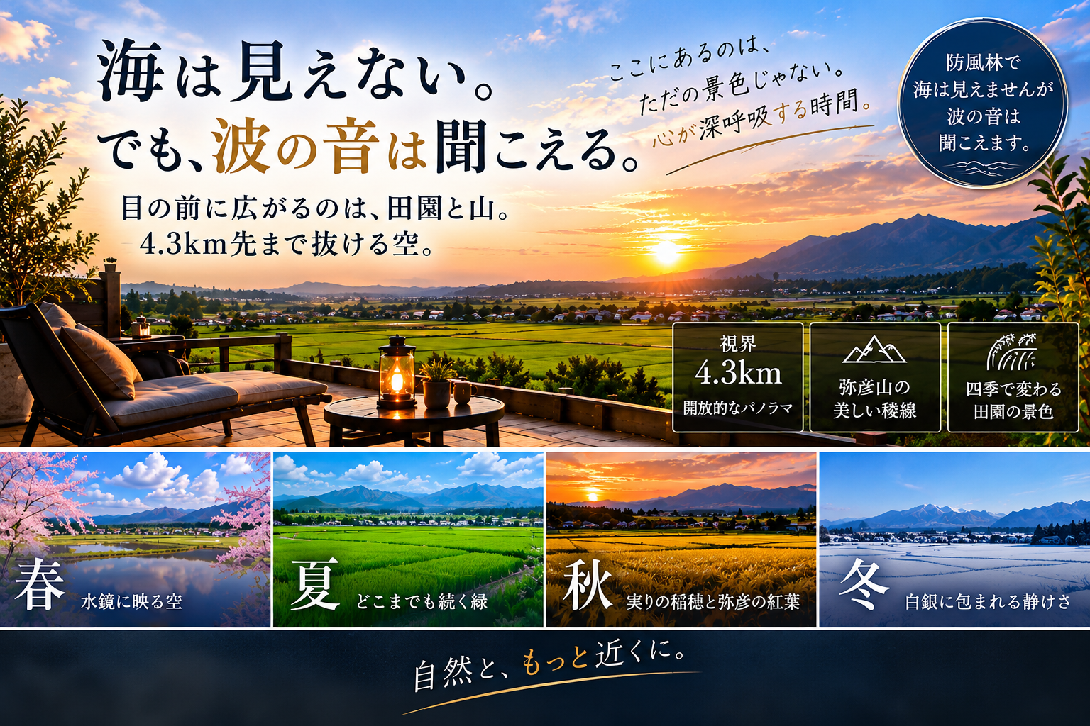 田園と山並み、広い空が広がるVUEのロケーション紹介。春夏秋冬の景観イメージを掲載。