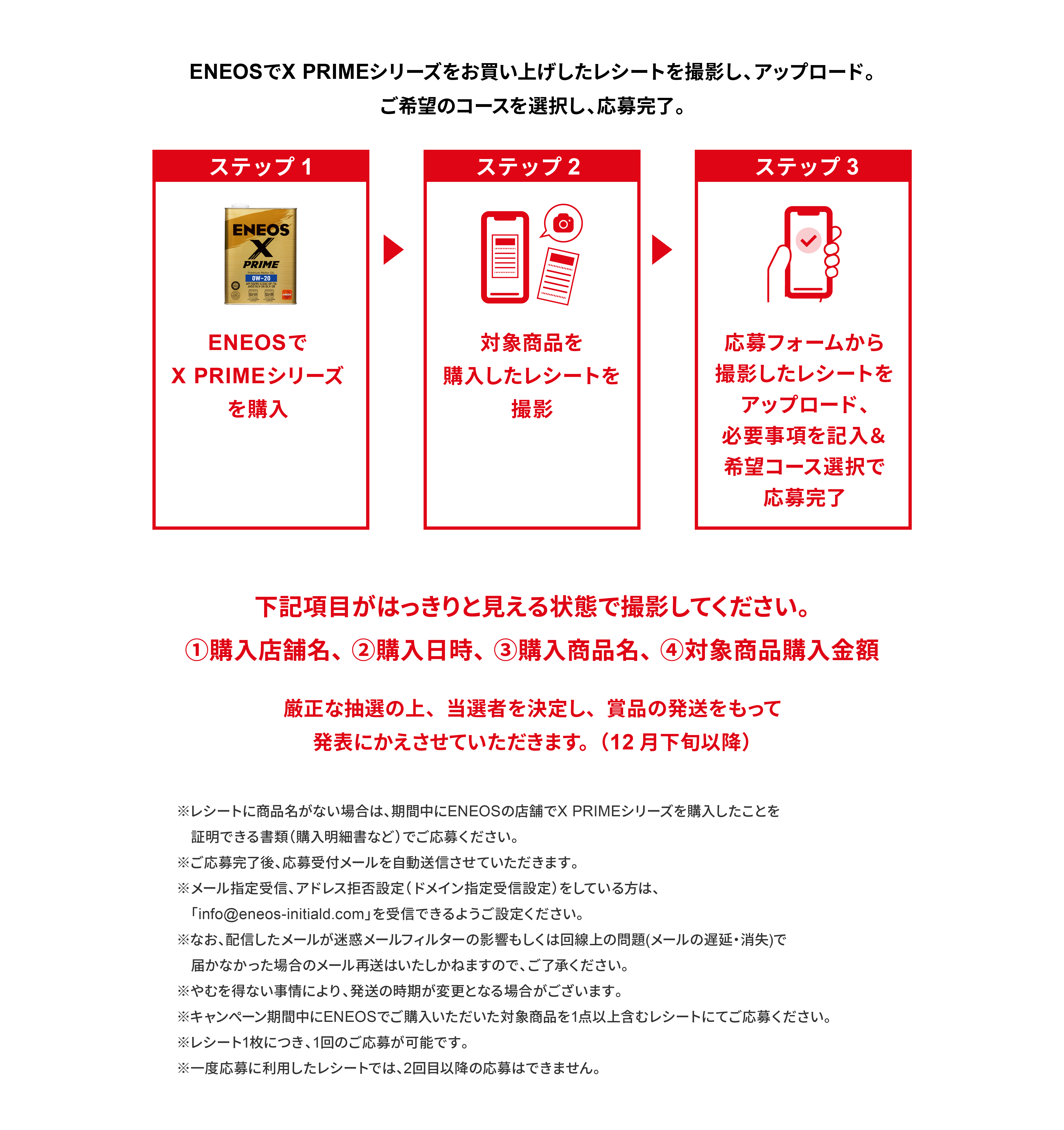 STEP1 対象商品を購入。STEP2 対象商品を購入したレシートを撮影し、アップロード。STEP3 応募フォームから必要事項を記入し、応募完了。