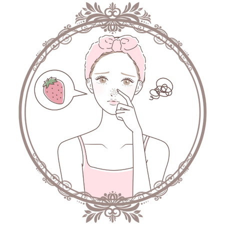 鏡を見て毛穴の黒ずみに悩む女性