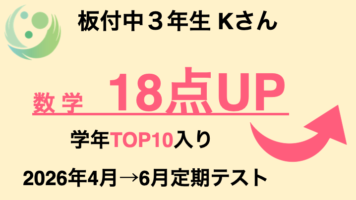 板付中3年生Kさん 数学 18点UP 学年TOP10入り 2026年4月→6月定期テスト