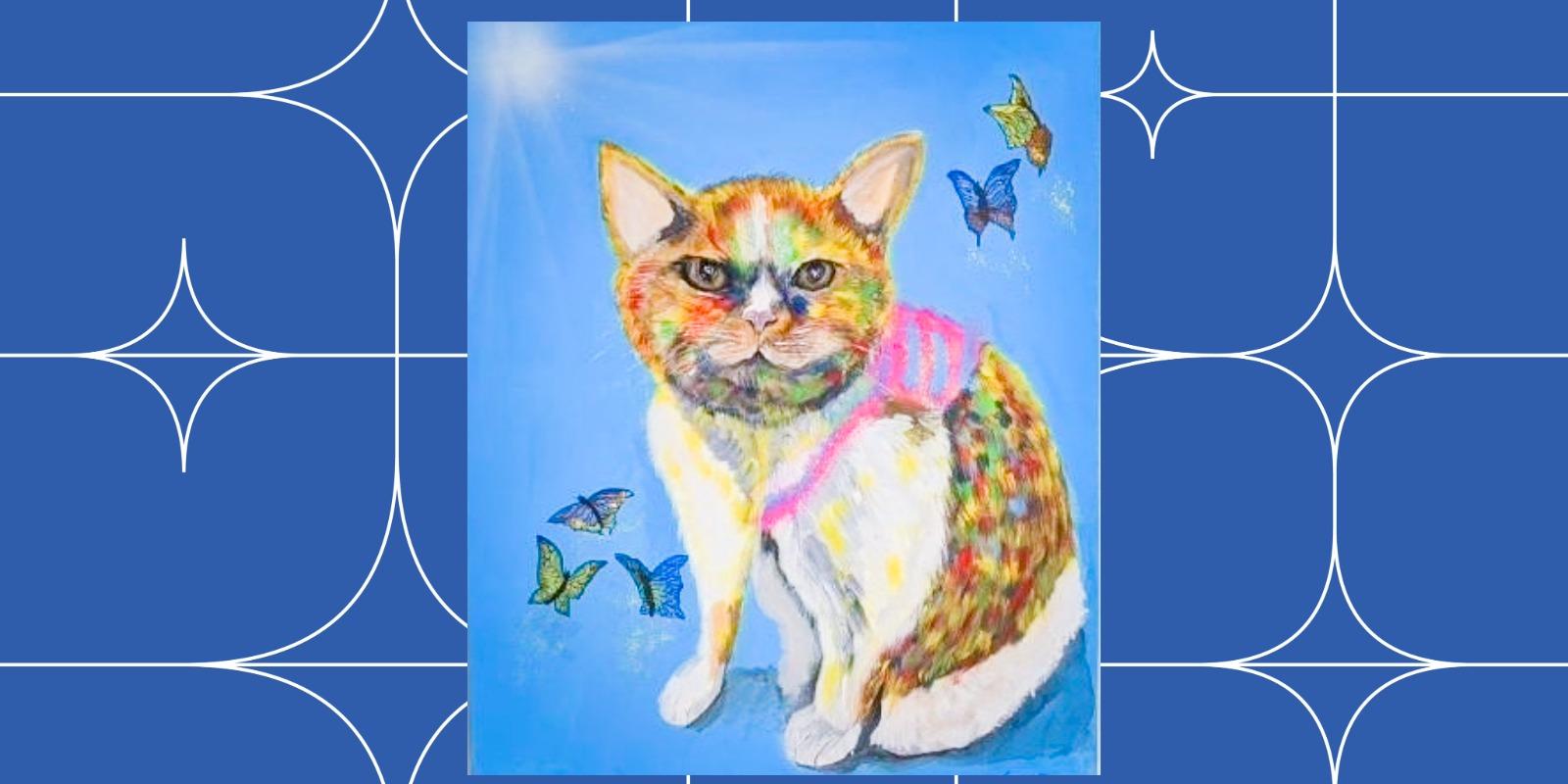 青い背景に描かれた抽象的な猫