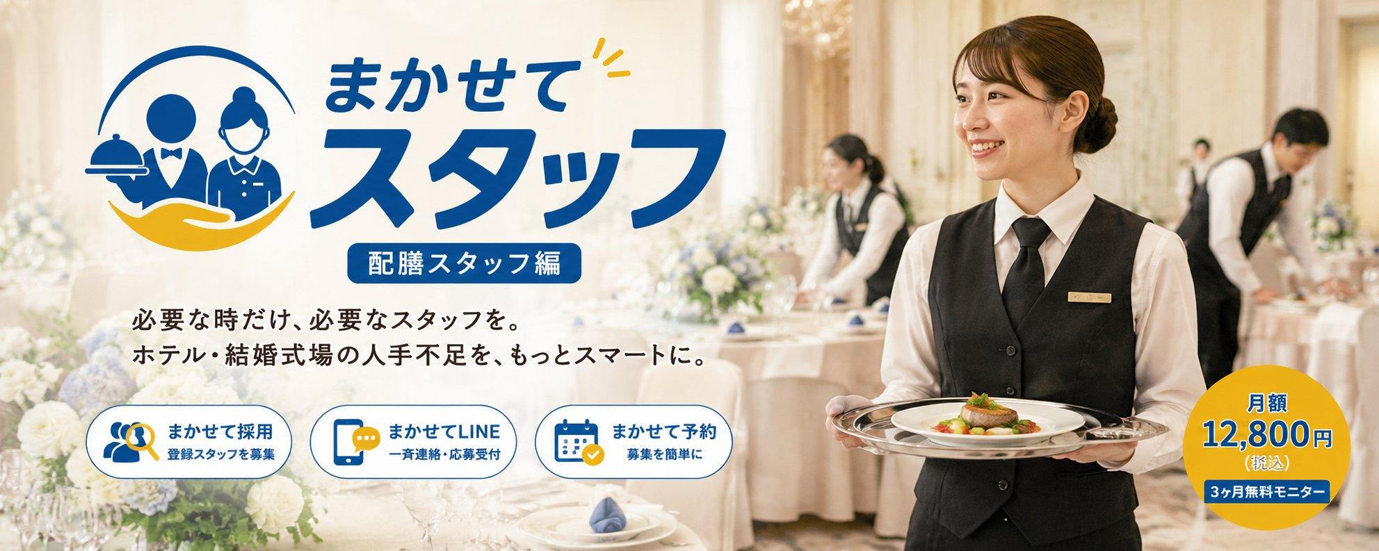 ホテル宴会場で配膳スタッフが料理を運ぶ様子と、登録スタッフ運用サービス『まかせてスタッフ 配膳スタッフ編』を紹介するトップバナー