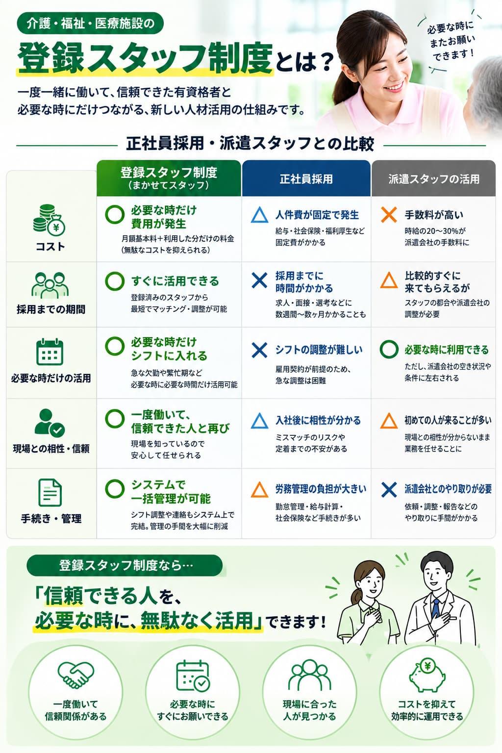 登録スタッフ制度と正社員採用・派遣スタッフの活用を比較した説明画像。コスト、採用までの期間、必要なときだけの活用、現場との相性・信頼、手続き・管理の5項目を比較し、登録スタッフ制度は信頼できる有資格者を必要なときに活用できる仕組みとして紹介。