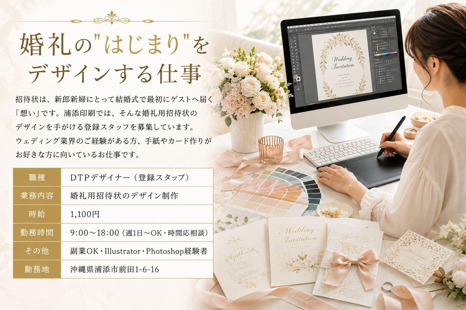 婚礼用招待状をデザインするDTPデザイナーの募集イメージ。Illustratorで招待状を制作するデザイナーと婚礼用ペーパーアイテム。