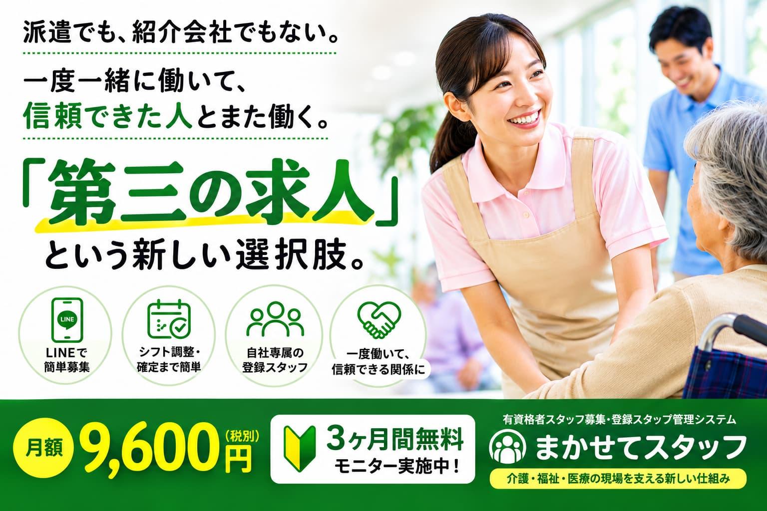 派遣でも紹介会社でもない「第三の求人」として、一度一緒に働いて信頼できた有資格者とつながる「まかせてスタッフ」の紹介バナー。LINEでのスタッフ募集やシフト調整、登録スタッフ管理に対応し、月額9,600円（税別）、3ヶ月無料モニターを案内。介護・福祉・医療向け。