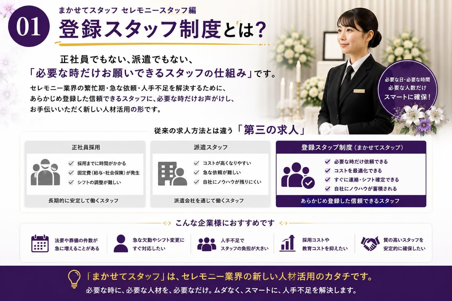 まかせてスタッフ セレモニースタッフ編｜登録スタッフ制度とは？ 正社員・派遣との違いを比較し、セレモニー業界向け登録スタッフ制度の仕組みやメリット、必要な時だけ依頼できる第三の求人を分かりやすく紹介する解説画像。