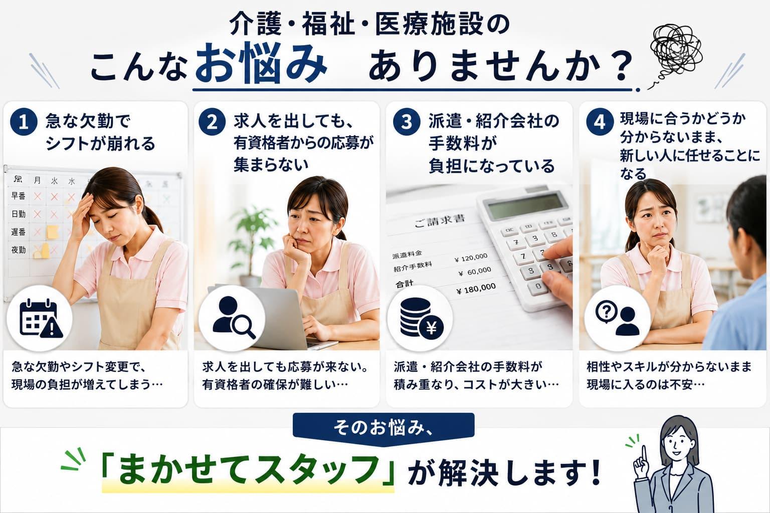 介護・福祉・医療施設の人材確保に関する4つのお悩みを紹介する「まかせてスタッフ」の案内画像。急な欠勤によるシフト崩れ、有資格者からの応募不足、派遣・紹介会社の手数料負担、現場に合うか分からないまま新しい人に任せる不安を示し、「まかせてスタッフ」が解決策として紹介されている。