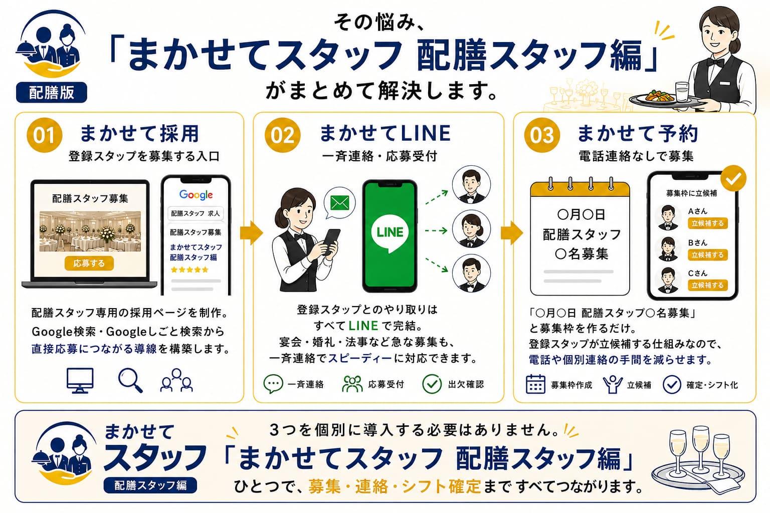 『まかせてスタッフ 配膳スタッフ編』の3つの機能を紹介する図解。採用ページで登録スタッフを募集し、LINEで一斉連絡・応募受付を行い、募集枠からシフトを確定する流れを視覚的に説明