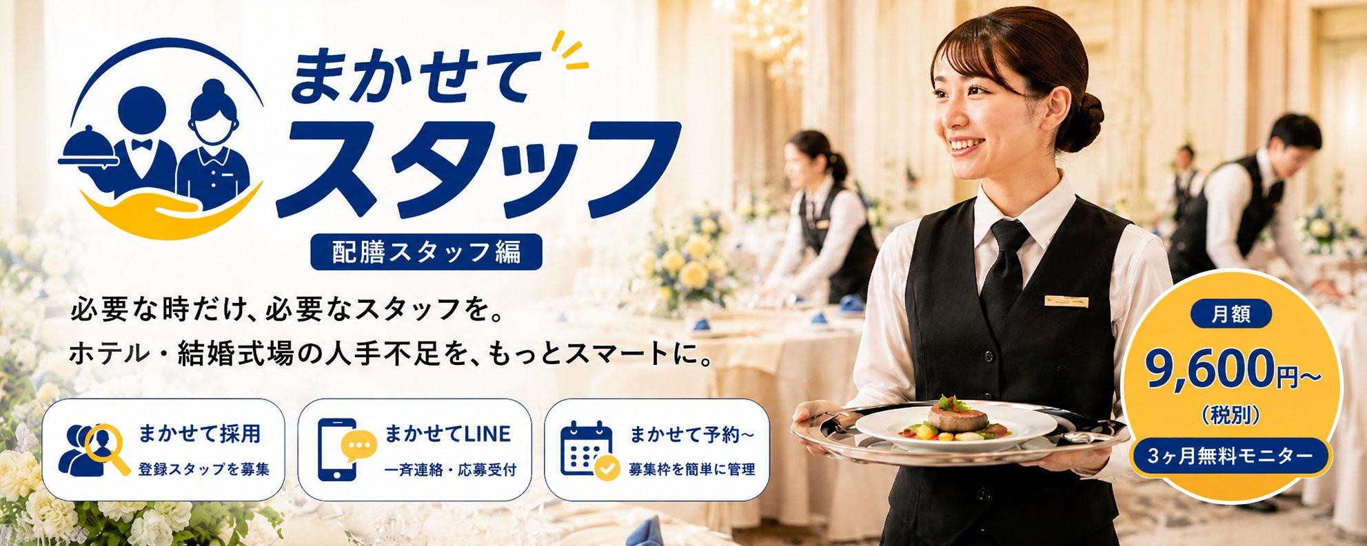 ホテル宴会場で配膳スタッフが料理を運ぶ様子と、登録スタッフ運用サービス『まかせてスタッフ 配膳スタッフ編』を紹介するトップバナー