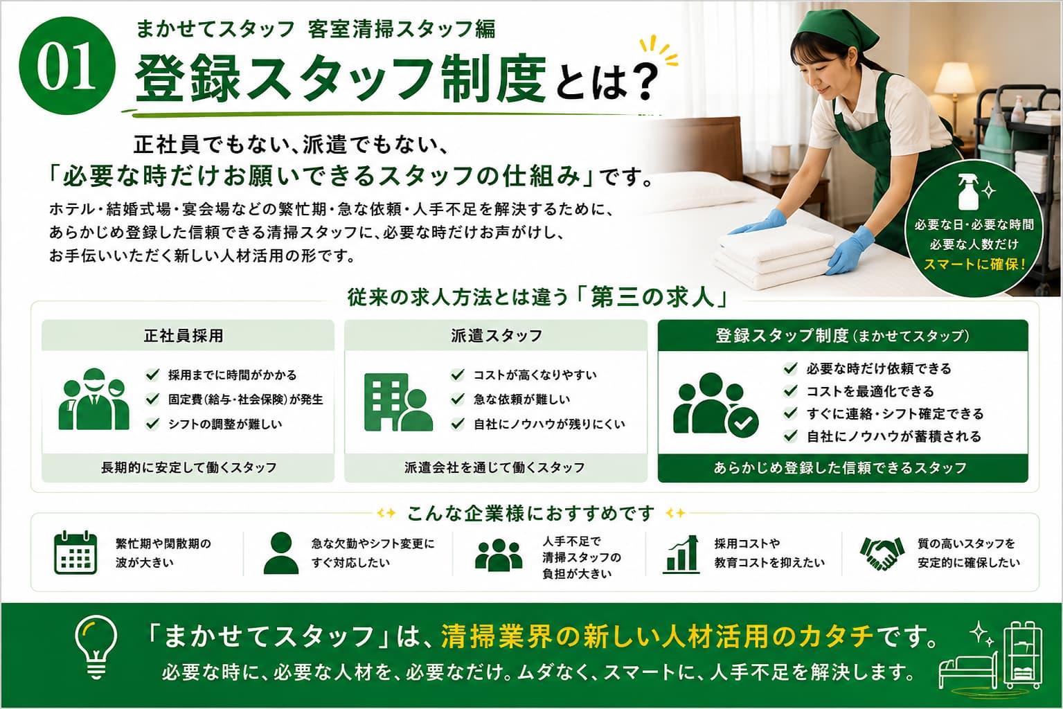 まかせてスタッフ客室清掃スタッフ編の登録スタッフ制度を紹介する資料。ホテル客室清掃スタッフを必要な時だけ確保できる第三の求人サービスの仕組みと、正社員・派遣との違い、導入メリットを解説した図解。