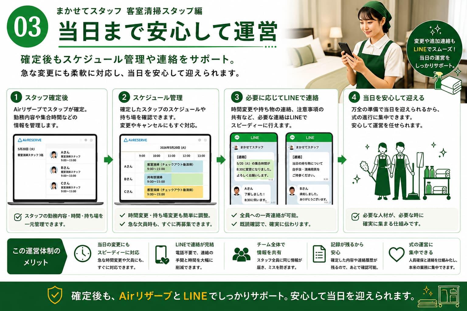 まかせてスタッフ客室清掃スタッフ編の当日まで安心して運営できる仕組みを紹介する図解。AirリザーブとLINEを活用し、客室清掃スタッフ確定後のスケジュール管理、一斉連絡、変更対応、当日運営までを効率化する方法を解説。