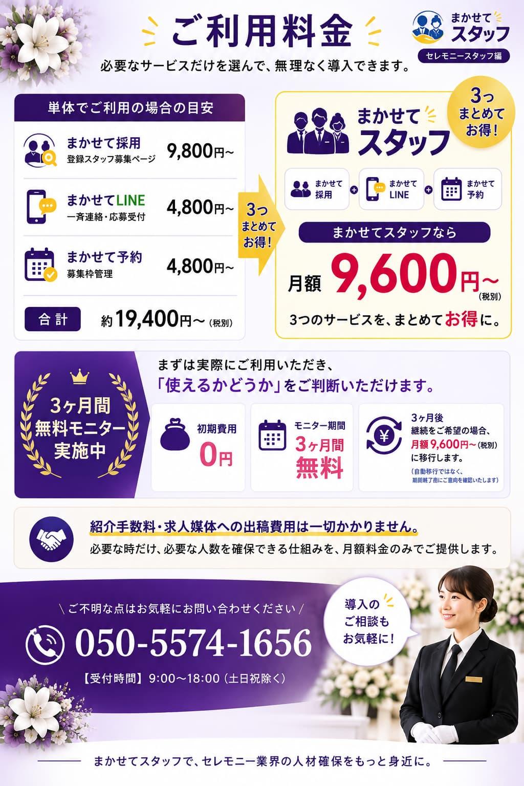『まかせてスタッフ 配膳スタッフ編』の料金比較図。まかせて採用・まかせてLINE・まかせて予約を個別に導入した場合の料金と、3つをまとめた月額12,800円のセット料金、3ヶ月無料モニターの内容を紹介