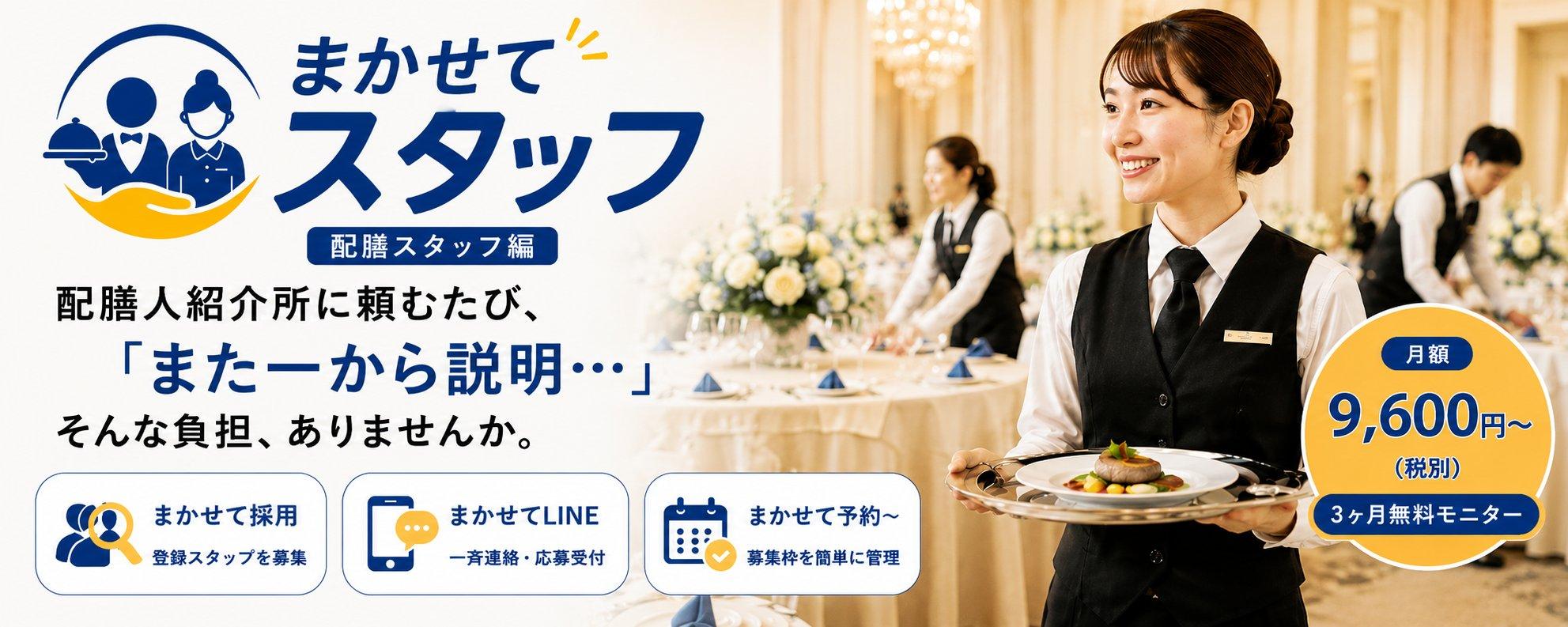 ホテル・結婚式場向け配膳スタッフサービス「まかせてスタッフ」のヘッダー画像。配膳人紹介所への依頼業務を効率化し、登録スタッフ募集、LINE連絡、予約管理を一元化するサービスを紹介。