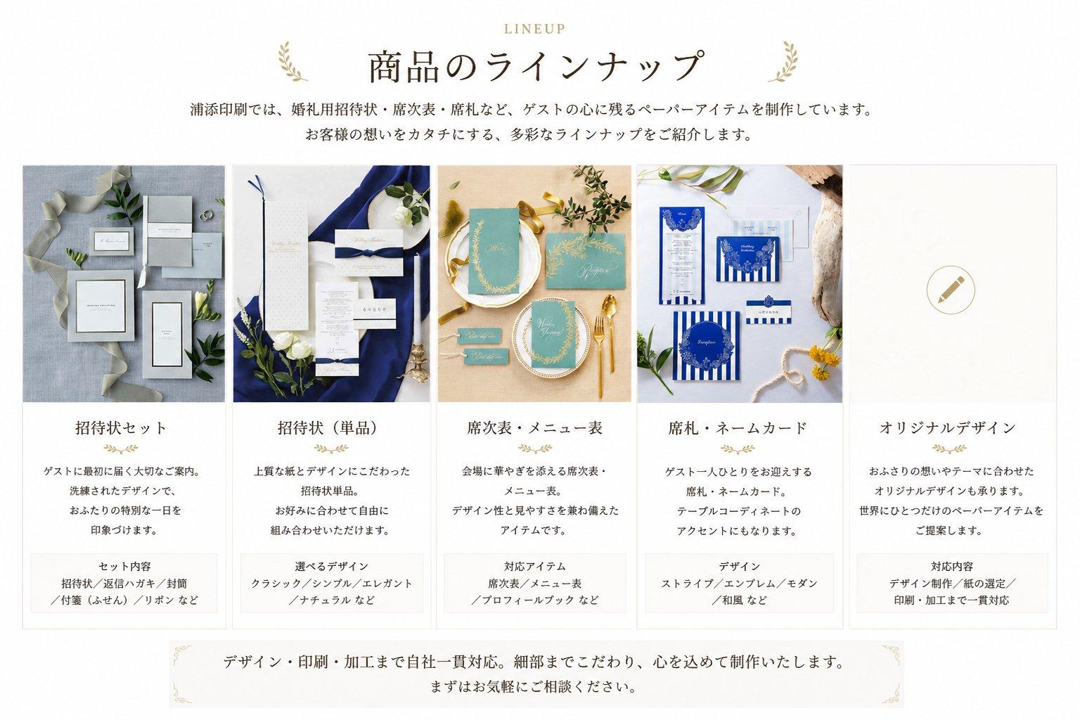 浦添印刷の婚礼印刷商品ラインナップ。招待状セット、招待状、席次表、メニュー表、席札・ネームカード、オリジナルデザインなど、ウェディングペーパーアイテムを紹介する一覧画像。