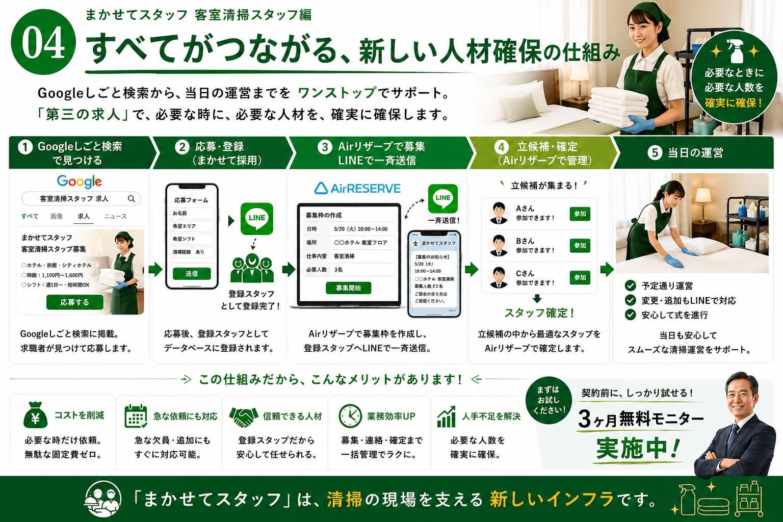 まかせてスタッフ客室清掃スタッフ編の新しい人材確保の仕組みを紹介する図解。Googleしごと検索、LINE、Airリザーブを連携し、客室清掃スタッフの募集・応募・登録・シフト確定・当日運営までをワンストップで管理し、人手不足を解決するサービスの流れを解説。