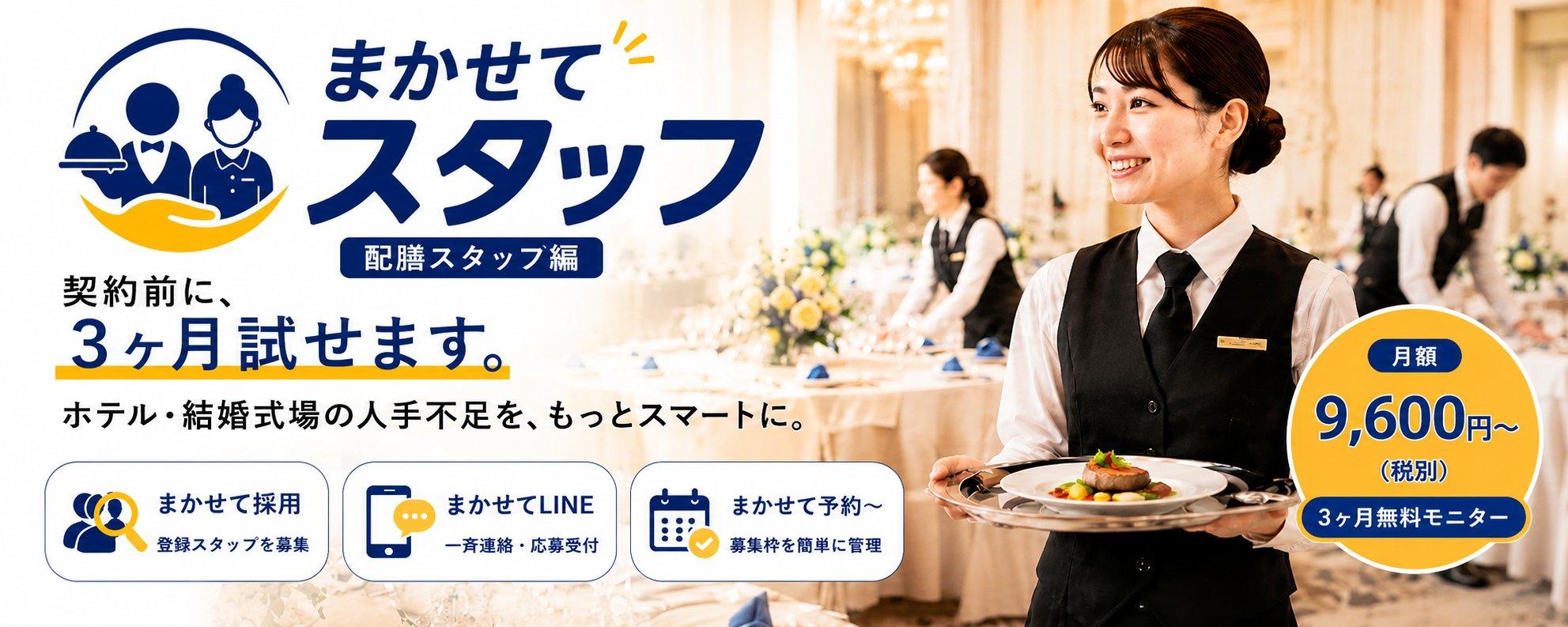ホテル・結婚式場向け配膳スタッフサービス「まかせてスタッフ」のヘッダー画像。契約前に3か月試せるモニター制度と、採用・LINE連絡・予約管理を一体化したサービスを紹介。