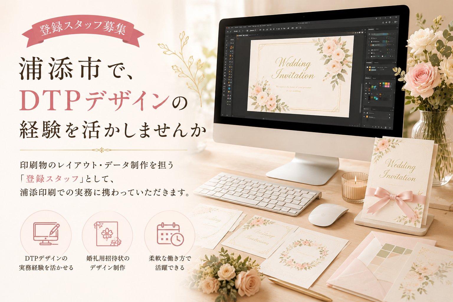 浦添市のDTPデザイナー登録スタッフ募集。婚礼用招待状のデザイン制作をイメージしたヘッダー画像。