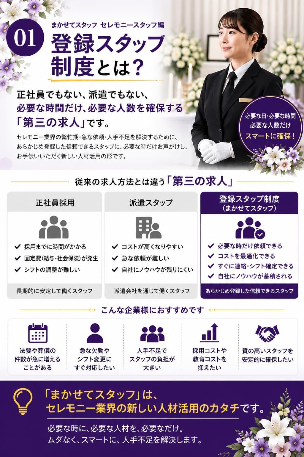 まかせてスタッフ セレモニースタッフ編｜登録スタッフ制度とは？ 正社員・派遣との違いを比較し、セレモニー業界向け登録スタッフ制度の仕組みやメリット、必要な時だけ依頼できる第三の求人を分かりやすく紹介する解説画像。
