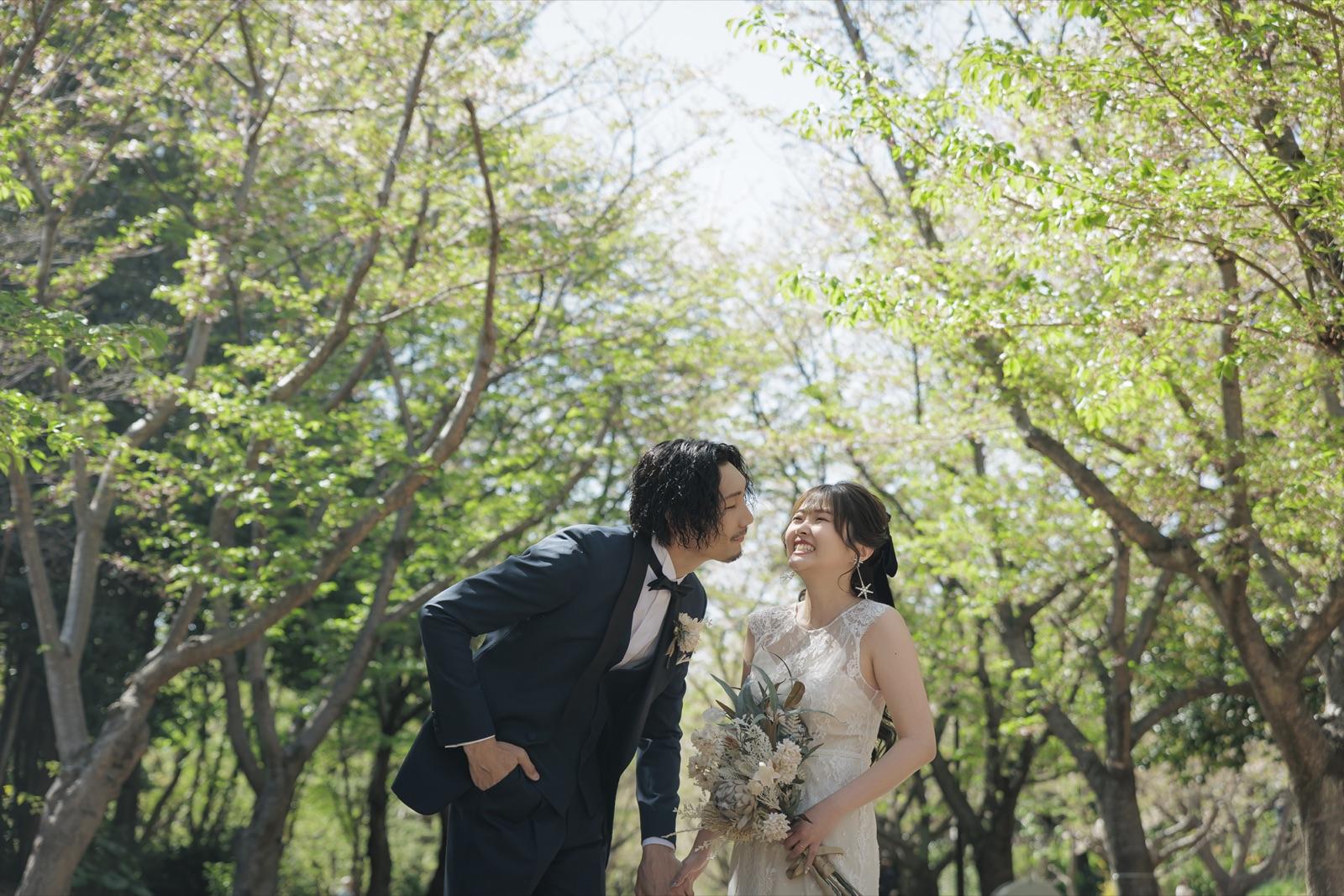 桜と新緑の並木道で見つめ合うふたり