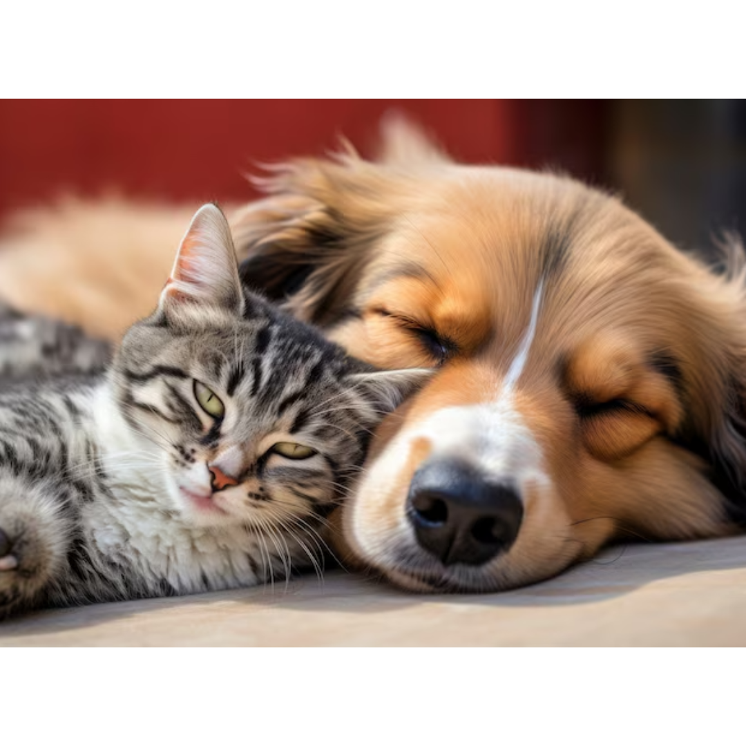 寄り添って仲良く眠る犬と猫