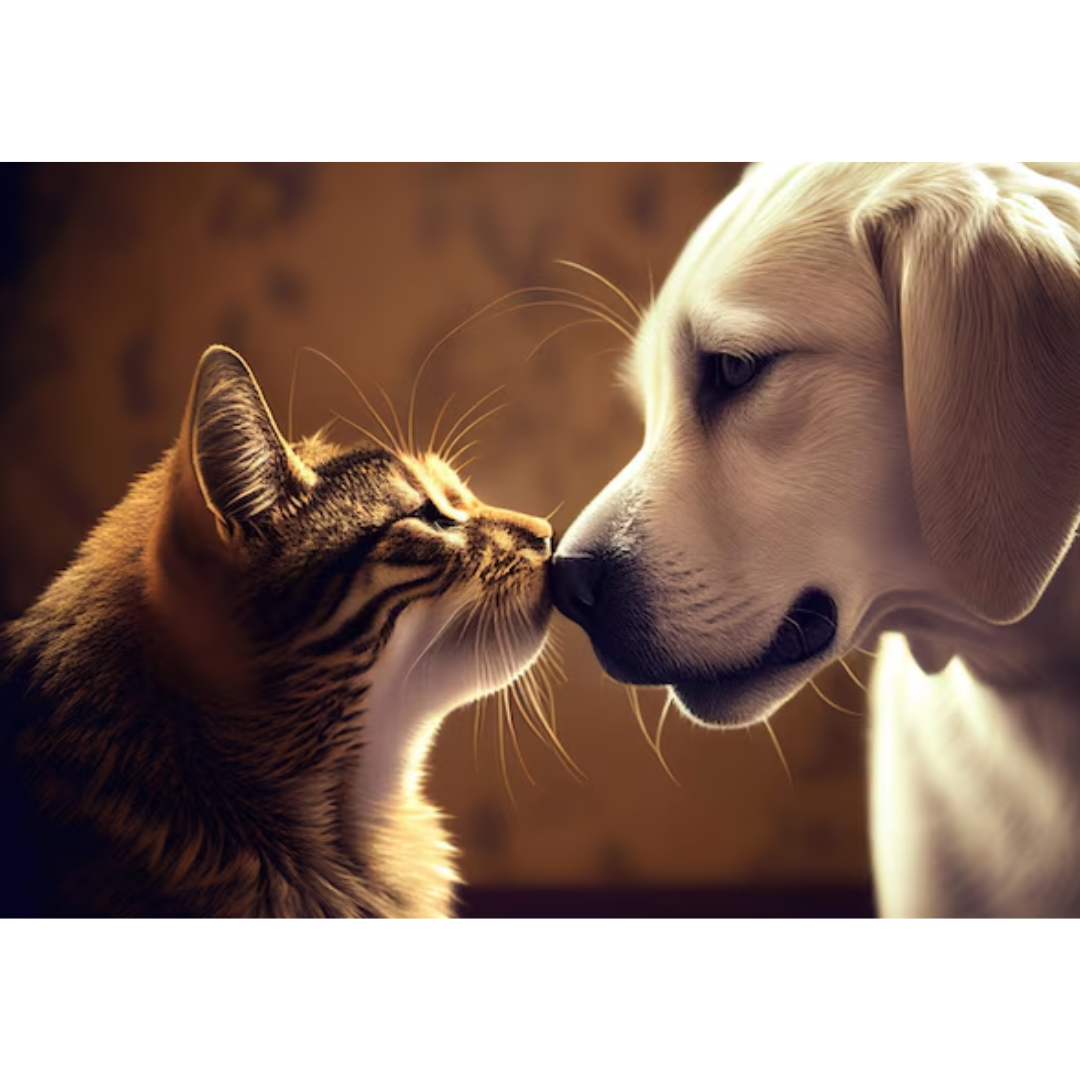 親愛の情を示すように、お互いの鼻を合わせる犬と猫