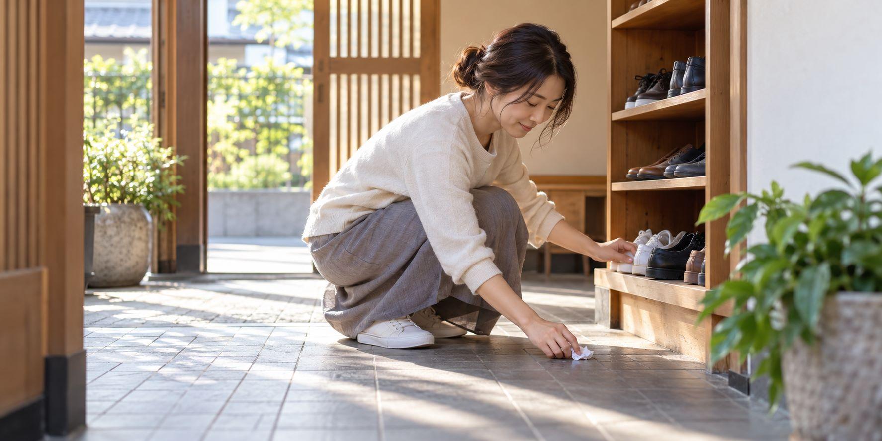 朝の玄関で靴をそろえ、床のごみを拾う日本人女性―人知れず善い行いを重ねる「陰徳」のイメージ