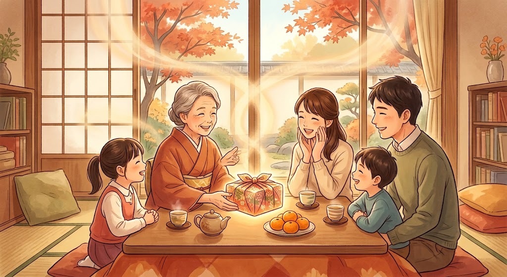 愛語をテーマに家族が温かく語り合う秋の風景