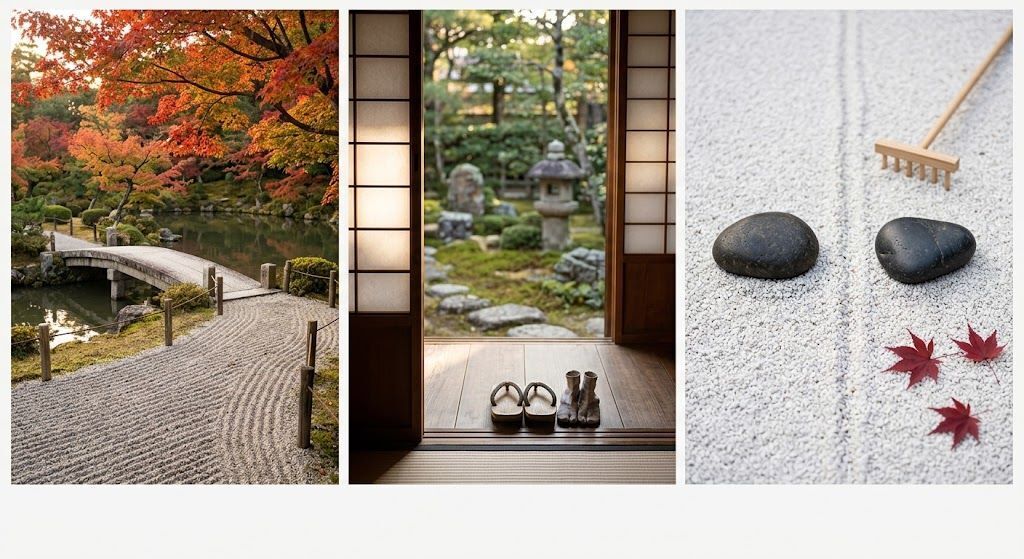慈悲喜捨をイメージした紅葉の日本庭園と枯山水