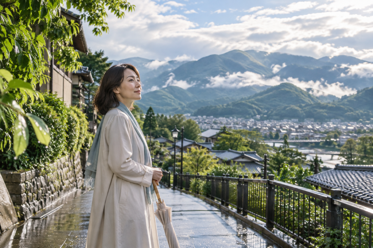 雲収山岳青をテーマに山を背景とした日本人女性