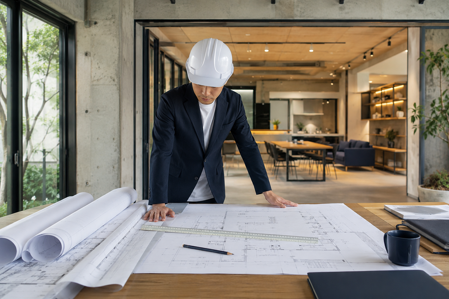 建築図面を確認する建築担当者