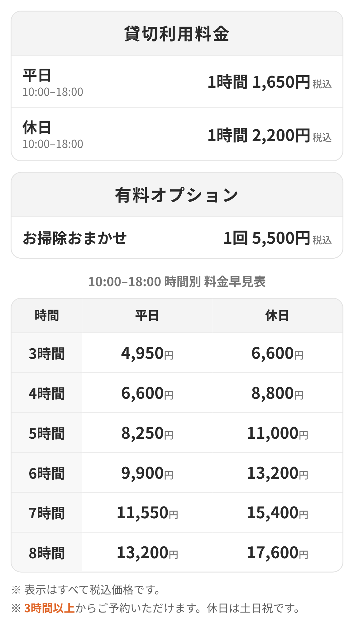 西馬込店 料金表。1時間あたり 平日1,650円／休日2,200円。3時間以上から。お掃除おまかせ1回5,500円。