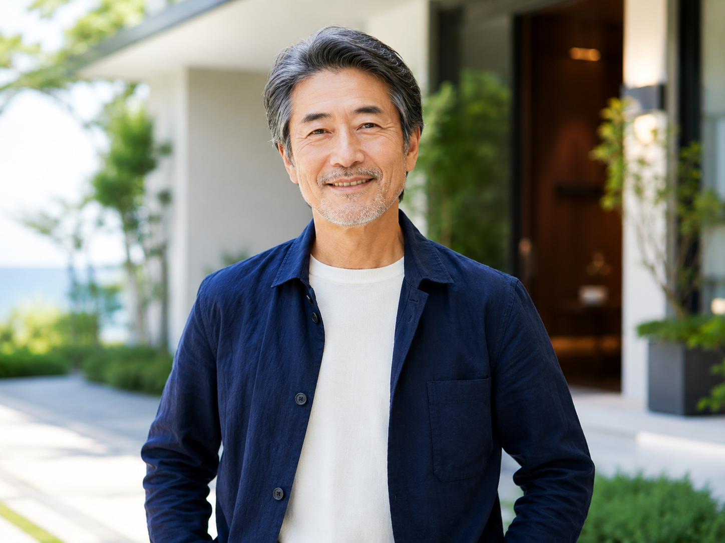 戸建ての前で笑顔の男性