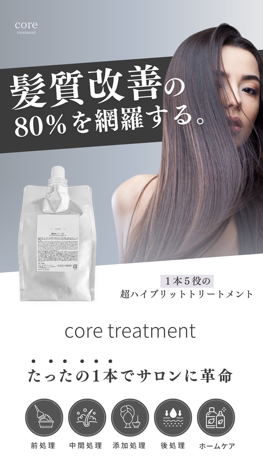 髪質改善の80%を網羅する。コアトリートメント