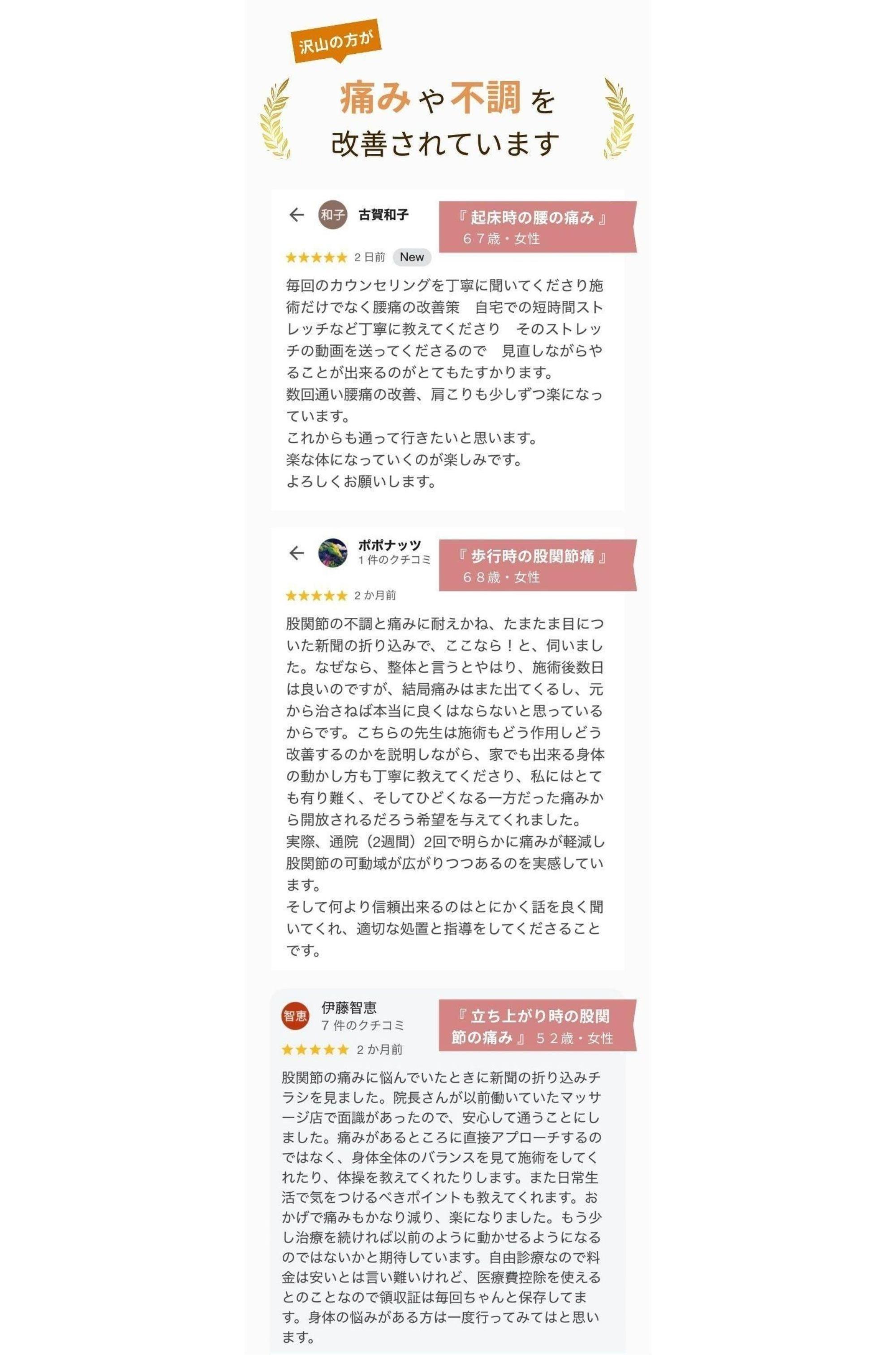 沢山の方が痛みや不調を改善されています　実際の患者様のGoogle口コミ