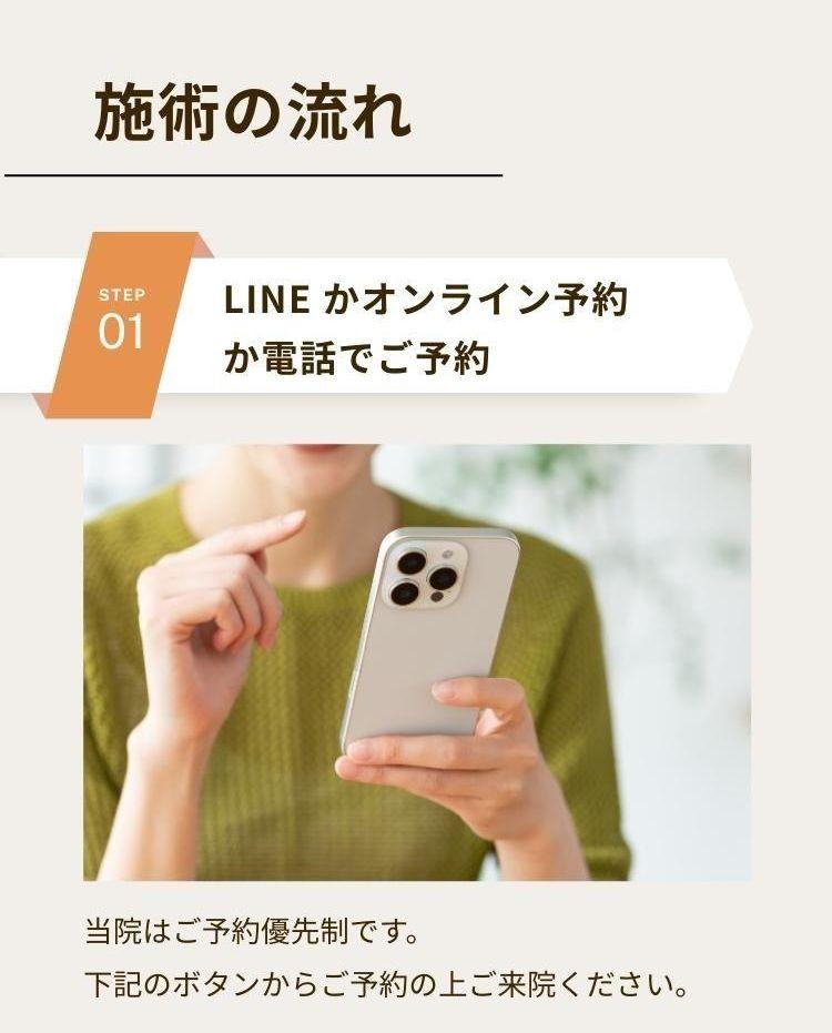施術の流れ  ステップ1  LINE かオンライン予約か電話でご予約