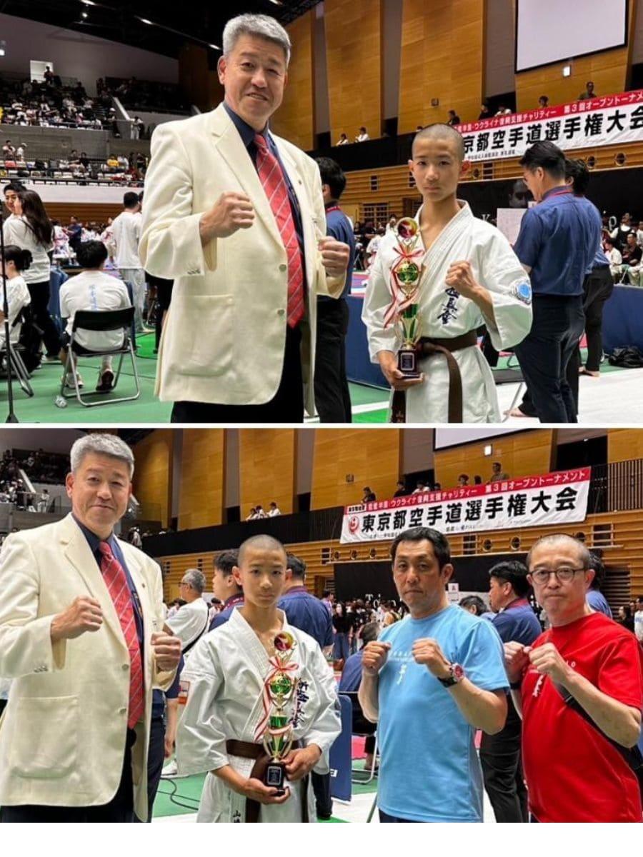 東京都空手道選手権大会 型の部入賞選手 師範先生方とトロフィーを持って記念撮影