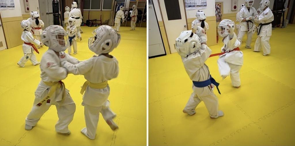 少年部の軽い組手練習。安全防具をつけて、子どもたちが無理なく実戦稽古に挑戦している空手教室の風景。