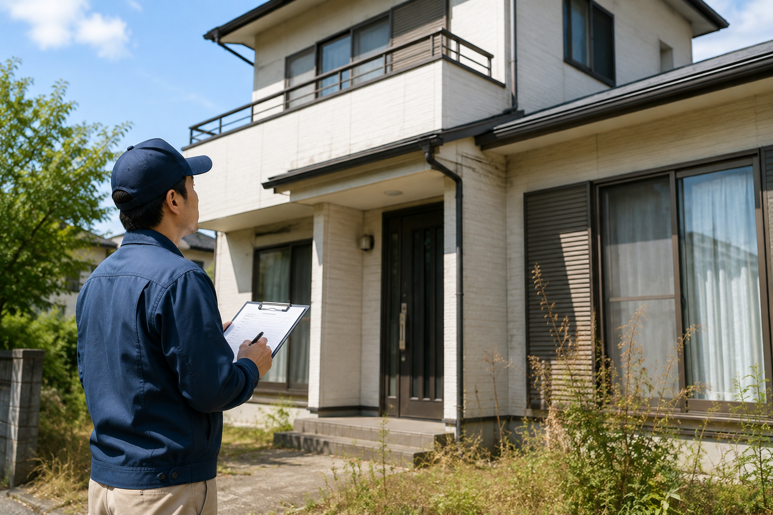 空き家の建物外観や庭の状態を確認する定期巡回スタッフ