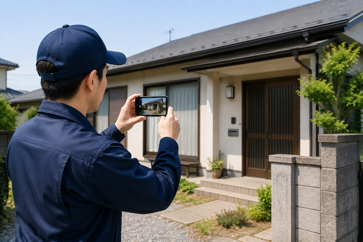 空き家の建物外観をスマートフォンで撮影する定期巡回スタッフ