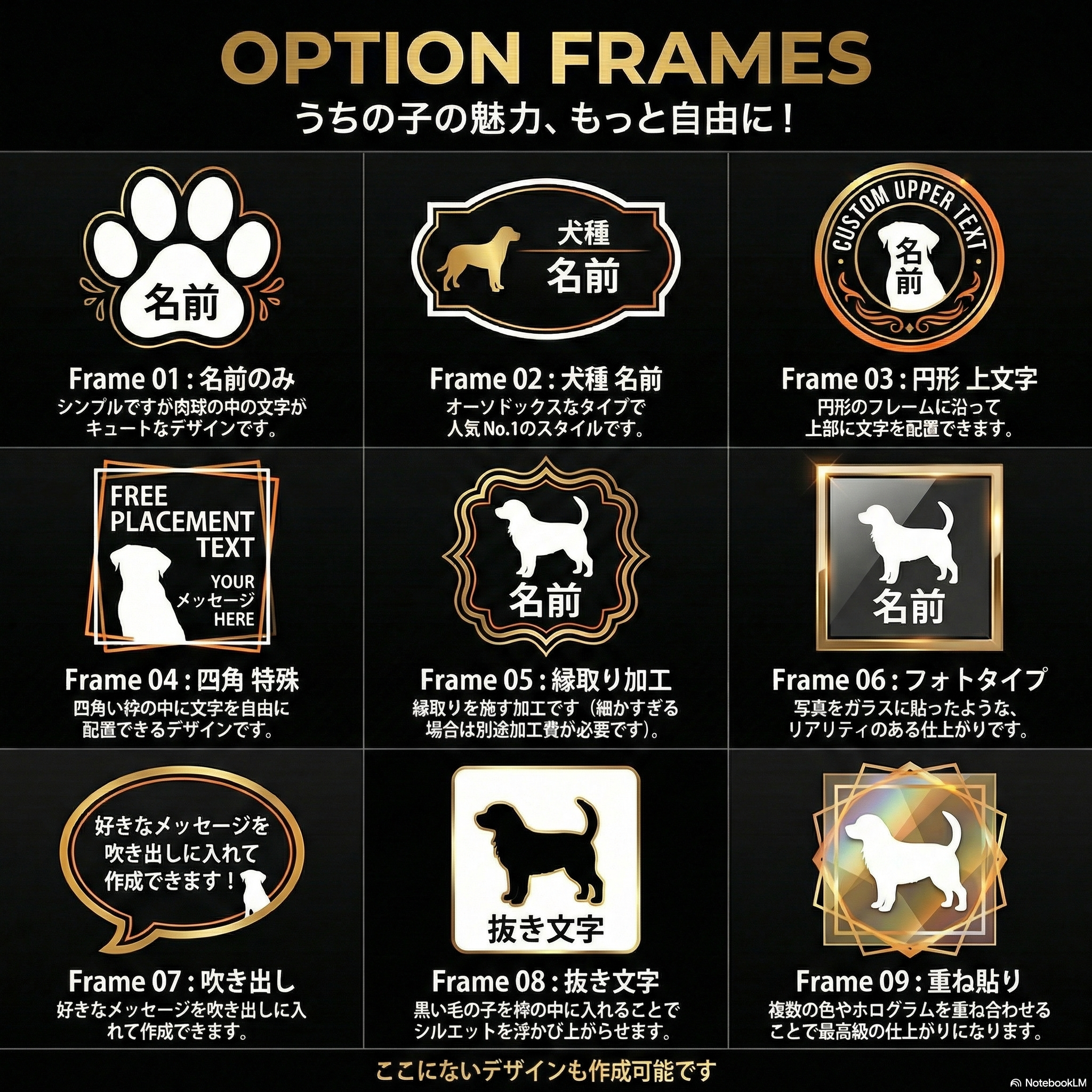 PAWMARK フレームプレート全8種類のデザイン例。犬種名や名前、円形や四角、吹き出し、抜き文字タイプなど自由にカスタマイズ可能なオーダーメイドステッカー