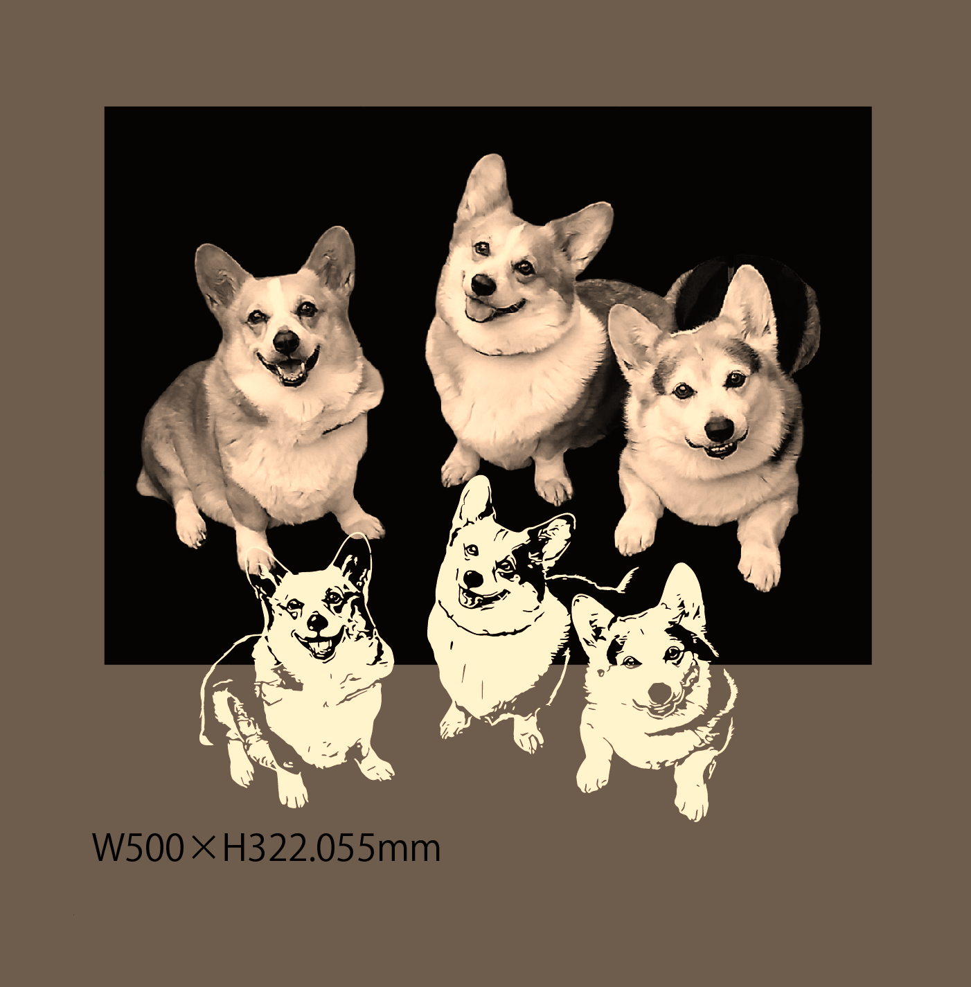 PAWMARK コーギーのオーダーメイドステッカーサンプル。4匹のコーギーが並んだデザインで、サイズは幅500mm×高さ322mm。