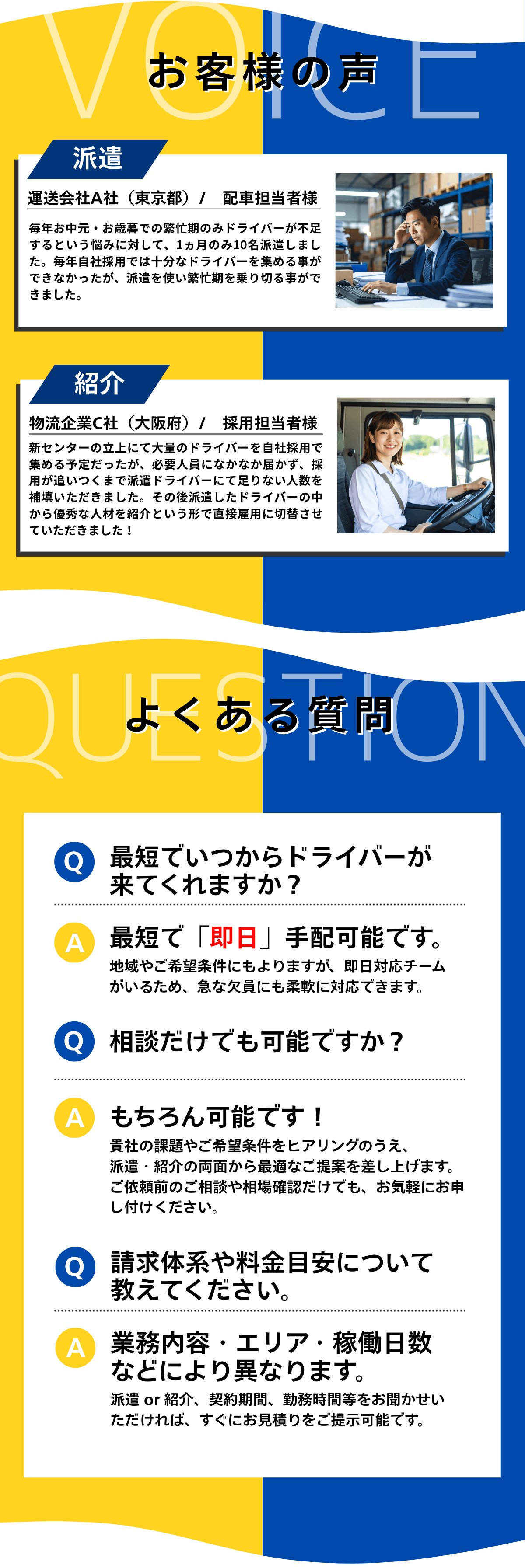 お客様の声とよくある質問。派遣は対応スピードとマッチ度に満足、紹介は定着率が高く2年以上の勤務実績。よくある質問：即日対応は可能？相談だけもできる？料金体系は？にお答えします。