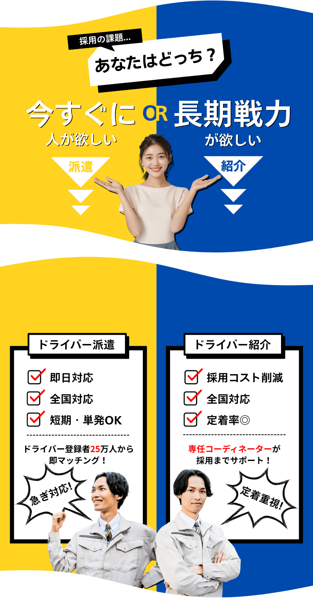 ドライバー派遣と人材紹介の比較。派遣は急な欠員対応や短期単発に向いており、即日対応・全国対応が可能です。紹介は長期的な採用や定着を重視する企業向けで、コスト削減や専任サポートにも対応しています。AZ STAFFは登録ドライバー25万人、取引社数13,000社の実績があります。