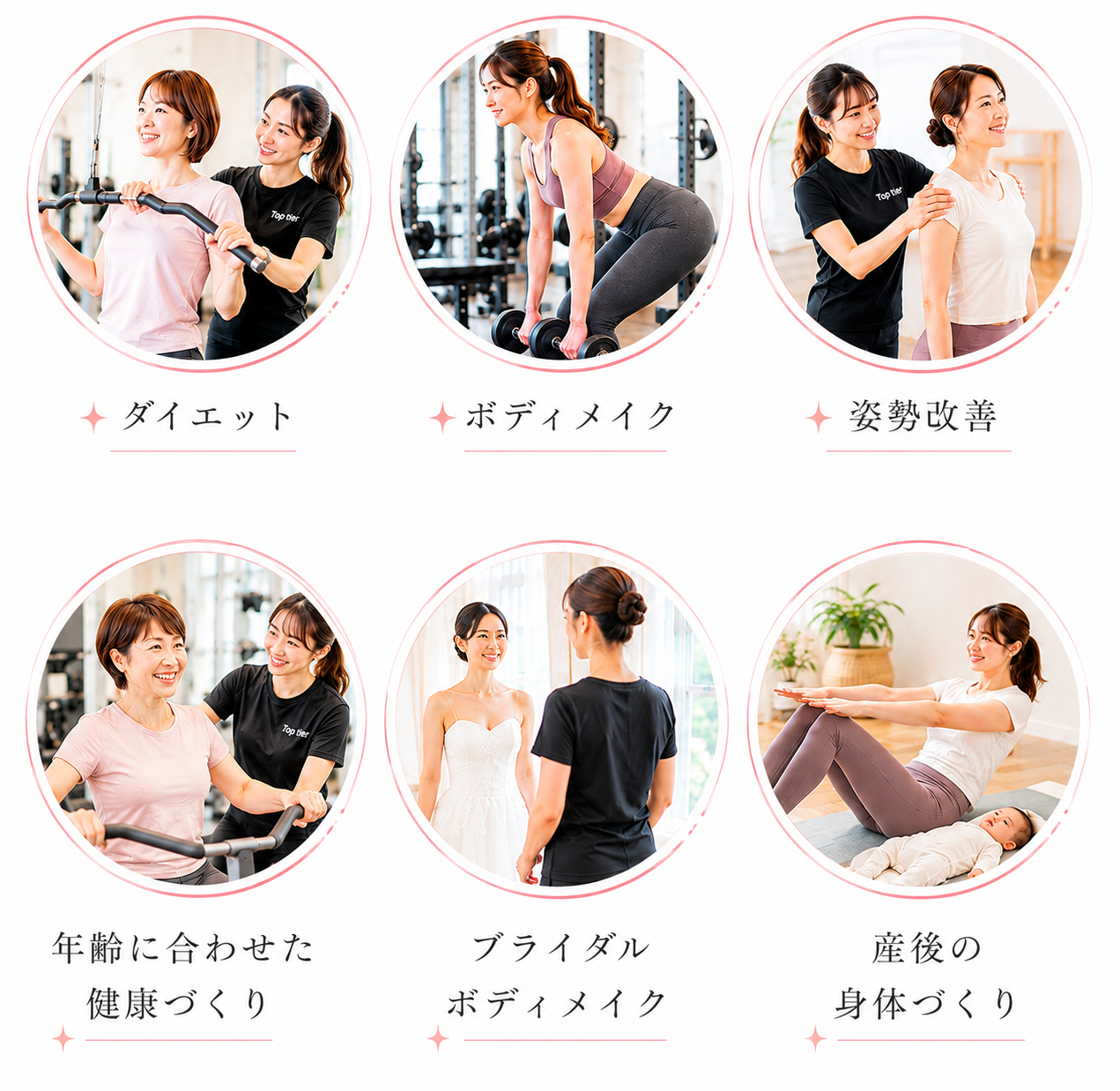 Top tierに通う女性の目的。ダイエット、ボディメイク、姿勢改善、年齢に合わせた健康づくり、ブライダルボディメイク、産後の身体づくり